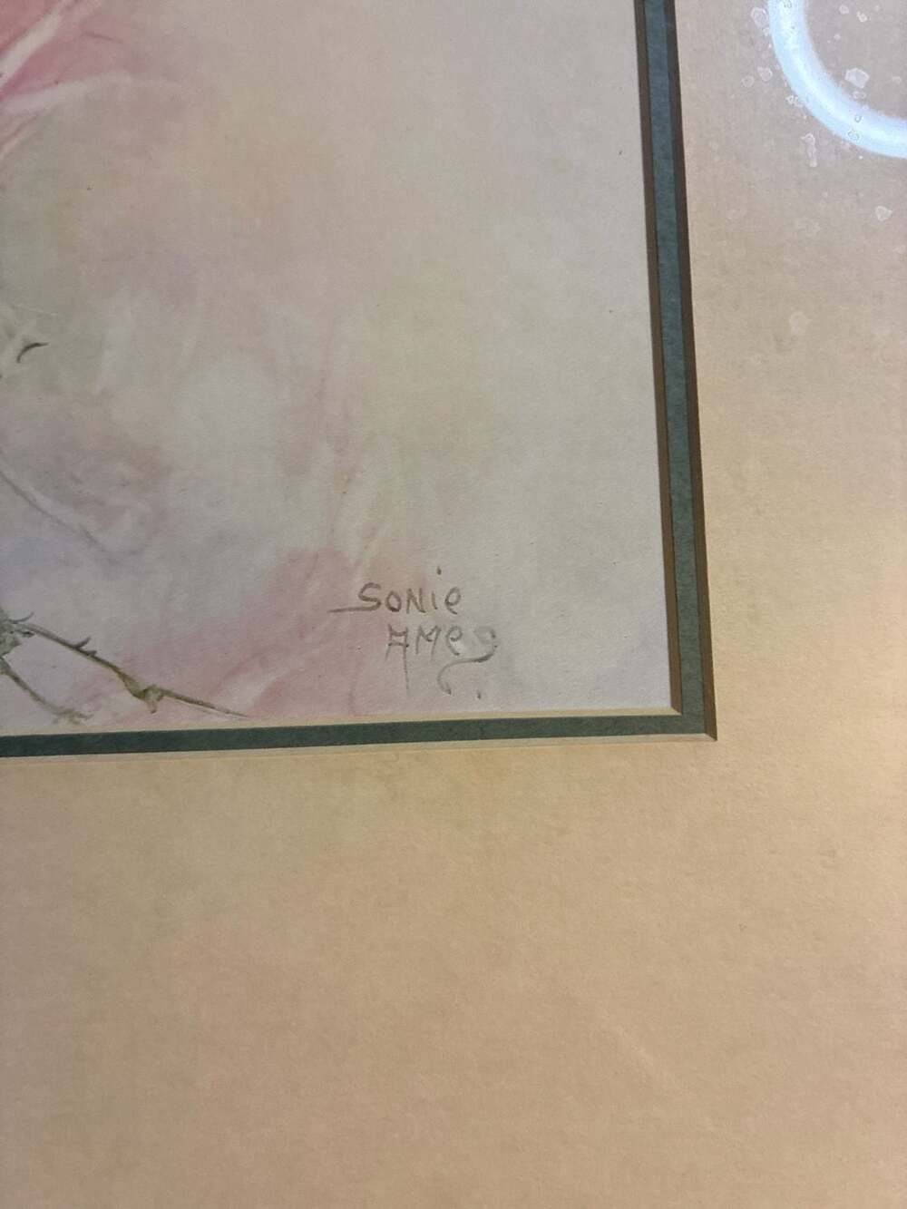 Vintage Sonie Ames Pink Roses Signed Floral Print in Green Ornate Frame - Picture 2 of 3